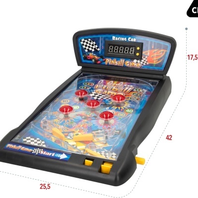 Jogo de pinball de mesa preto com detalhes coloridos e visor digital