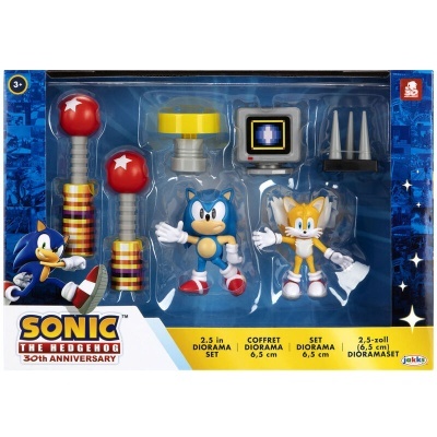 Conjunto de diorama Sonic The Hedgehog com figuras e acessórios em caixa azul