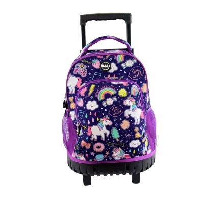 Mochila de rodinhas infantil azul escura com padrão colorido de unicórnios e doces