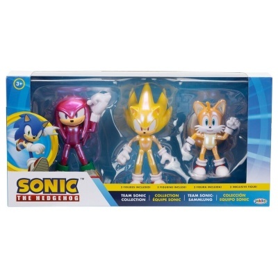 Conjunto de brinquedos Sonic the Hedgehog com três figuras em embalagem azul e branca