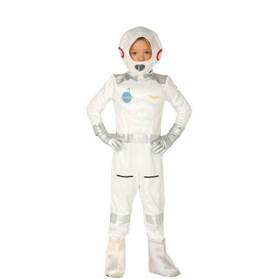 Fato de astronauta infantil branco com detalhes prateados e capacete