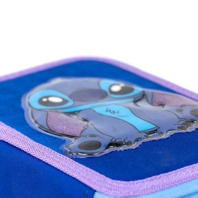 Estojo escolar azul com imagem do Stitch em vinil transparente