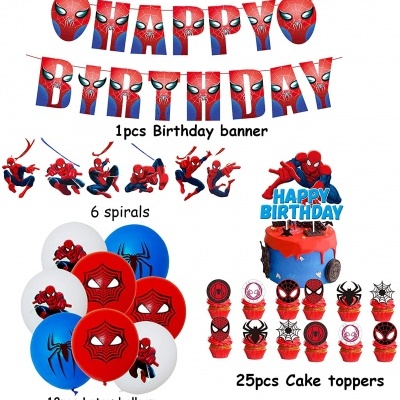 Decoração de aniversário com tema Homem-Aranha incluindo faixa, espirais, balões de látex e toppers para bolo.