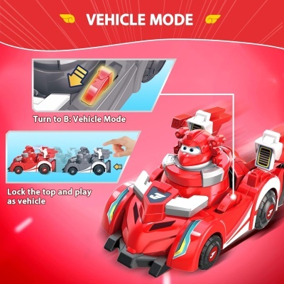 Brinquedo de carro vermelho com instruções de modo veículo em fundo vermelho