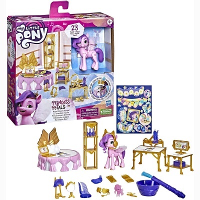 Brinquedo My Little Pony Princess Petals com pônei roxo, móveis dourados e lilás e acessórios