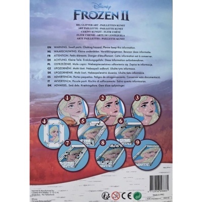 Embalagem do produto Disney Frozen II com instruções ilustradas e texto multilíngue