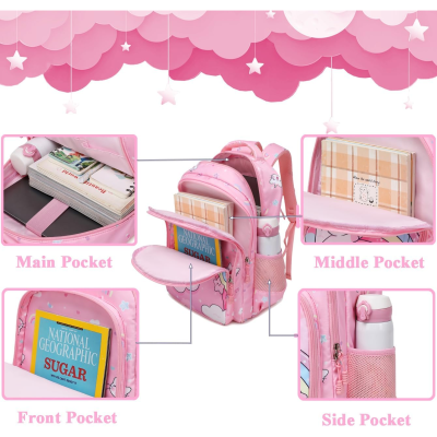 mochila rosa com unicórnios e livros nos bolsos