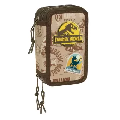 Estojo Jurassic World castanho claro com estampas de dinossauros e zíperes duplos