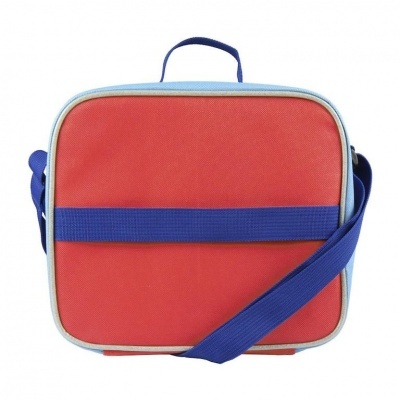 Mala de transporte vermelha com alça azul e bordas azuis claras