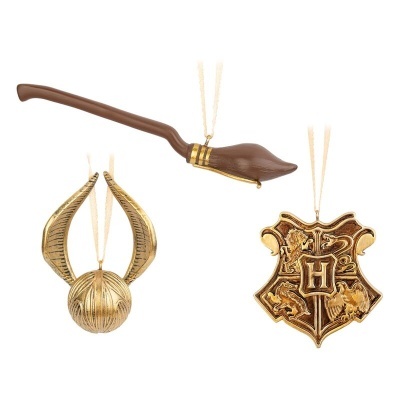 Enfeites pendurados de Harry Potter: pena marrom, Golden Snitch dourada e brasão de Hogwarts dourado