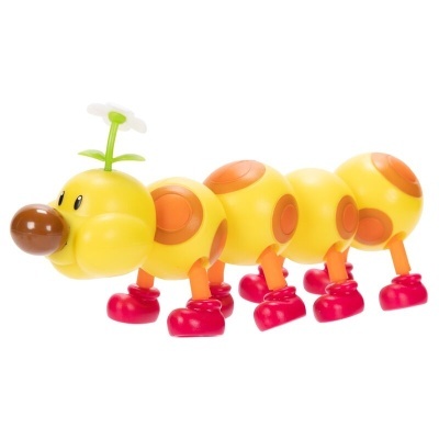 Brinquedo lagarta de plástico amarelo, laranja e vermelho com flor na cabeça