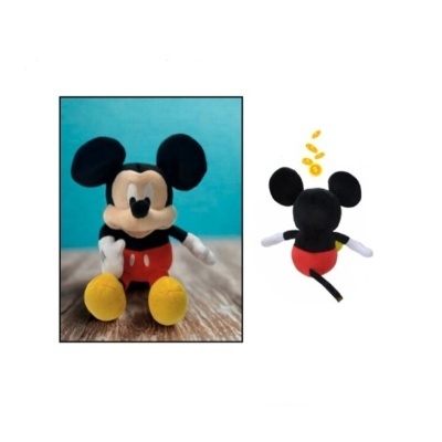 Peluche do Mickey Mouse em duas perspetivas, uma de frente e outra de trás.
