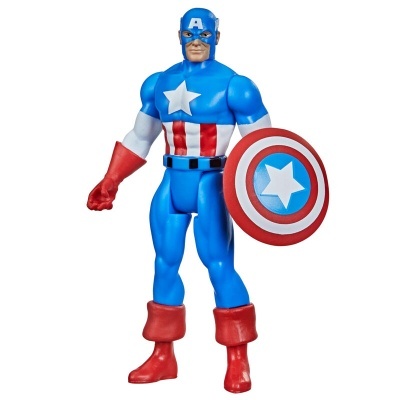 Figura de ação de super-herói azul, vermelho e branco com escudo circular