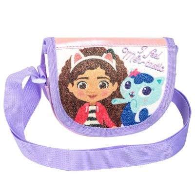 Bolsa pequena de ombro cor-de-rosa e roxa com desenho de menina e gato azul