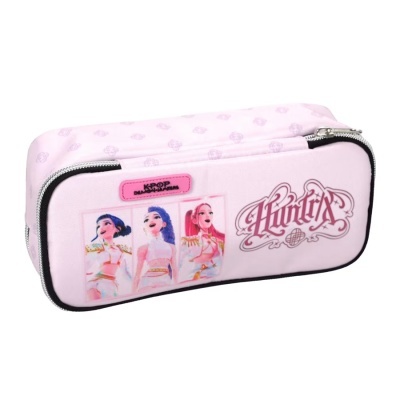 Estojo cor-de-rosa com personagens animadas e texto Huntrix