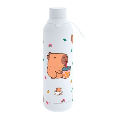 Garrafa térmica branca com ilustrações de urso e elementos coloridos
