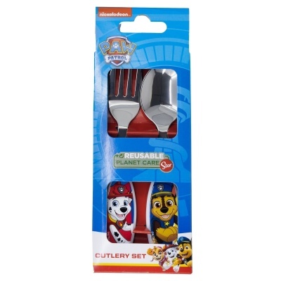 Conjunto de talheres infantil Paw Patrol com embalagem azul.
