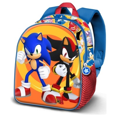 Mochila infantil com estampa Sonic e Shadow laranja, azul e vermelha.