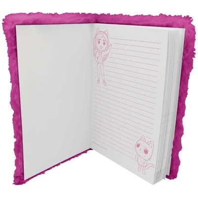 Caderno com capa peluda rosa e páginas com desenhos de gatos e linhas cor-de-rosa