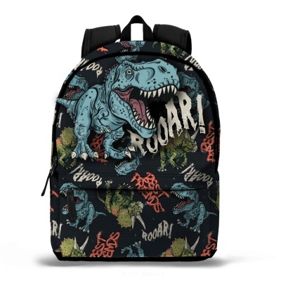 Mochila para criança com desenhos de dinossauros e texto ROOAAR!