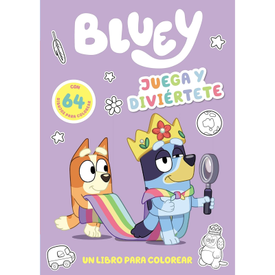 Capa de livro de colorir azul e lilás com personagens animados Bluey e Bingo e texto em espanhol