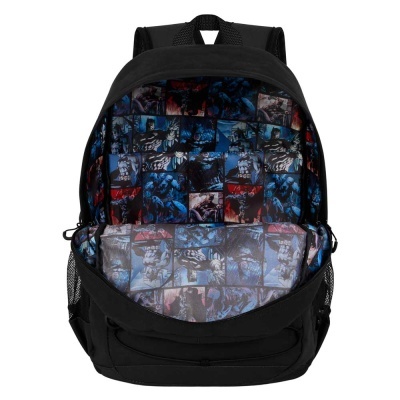 Mochila preta com interior estampado em imagens de banda desenhada