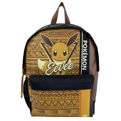 Mochila castanha e preta com estampa do personagem Eevee dos Pokémon