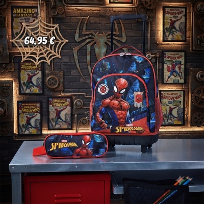Mochila com carrinho e estojo Spider-Man em azul e vermelho, preço 64,95 €.