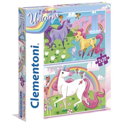 Caixa de puzzle Clementoni com unicórnios em paisagens coloridas