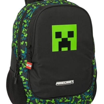 Mochila preta e verde com padrão pixelado e logo Minecraft