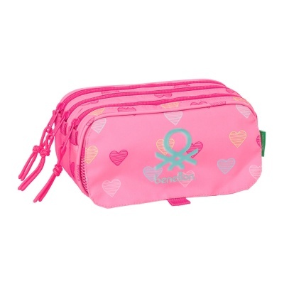 Estojo escolar rosa com corações e logotipo Benetton azul