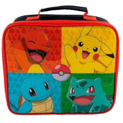 Mala térmica infantil Pokémon colorida com personagens Charmander, Pikachu, Squirtle e Bulbasaur