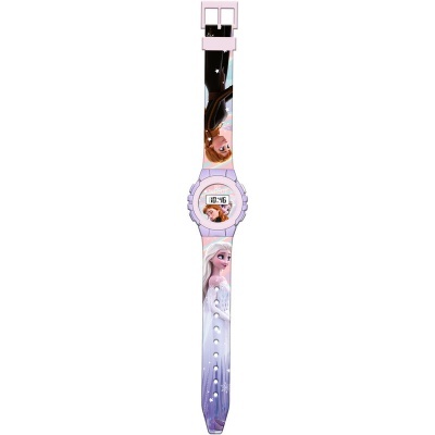 Relógio digital infantil rosa e lilás com personagens de animação no bracelete.