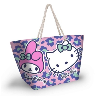 Saco de praia com estampa de My Melody e Hello Kitty em padrão camuflado rosa e lilás