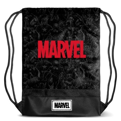 Mochila preta estilo saco com logo MARVEL em vermelho e retângulo branco com MARVEL em preto na base