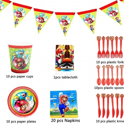 Conjunto de festa Super Mario com copos, pratos, guardanapos, talheres e decoração. 