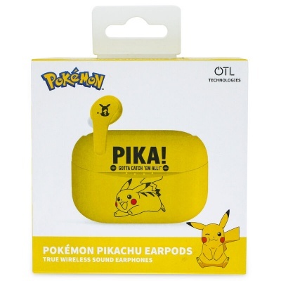Auriculares sem fios amarelos com design Pikachu na caixa branca e amarela