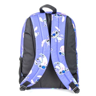 Mochila azul claro e preta com padrão do personagem Stitch