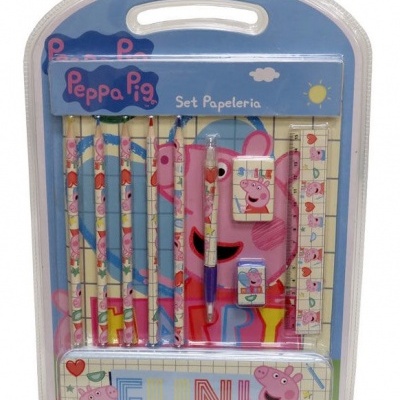 Conjunto de papelaria Peppa Pig com lápis, caneta, régua e estojo em embalagem plástica