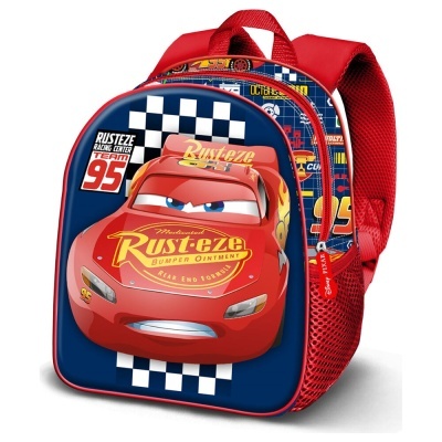 Mochila infantil Cars vermelha e azul com personagem Lightning McQueen e padrão xadrez