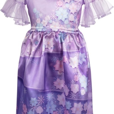 Vestido infantil lilás com padrão floral e mangas transparentes