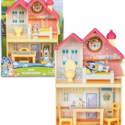 Mini Casa Bluey de madeira com móveis e figuras do desenho animado