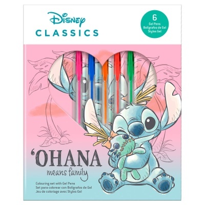 Conjunto de canetas gel Disney com personagem Stitch e texto 'OHANA means family'