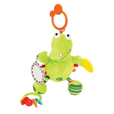 Brinquedo infantil macio em forma de sapo verde com acessórios coloridos