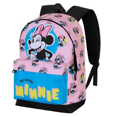 Mochila infantil rosa com estampa Minnie Mouse e bolso azul