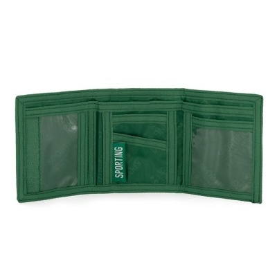 Carteira verde em tecido com compartimentos e texto SPORTING