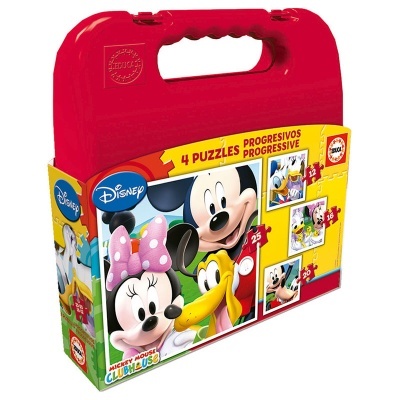 Estojo vermelho com 4 puzzles Disney progressivos com personagens Mickey, Minnie e Pateta.