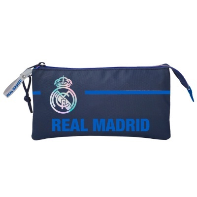 Estojo azul escuro com fecho azul e logotipo do Real Madrid