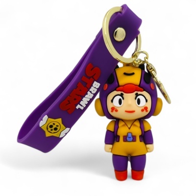 Porta-chaves com figura de personagem roxa e amarela e acessório roxo com texto BRAWL STARS