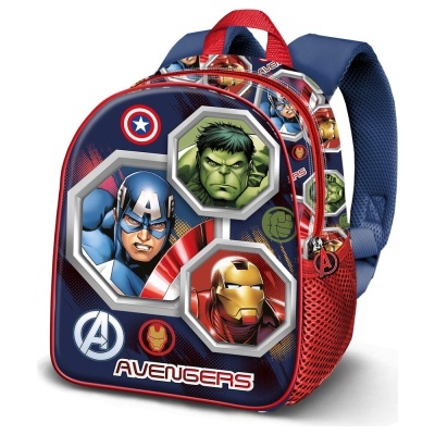 Mochila azul e vermelha com estampas dos Avengers e alças acolchoadas